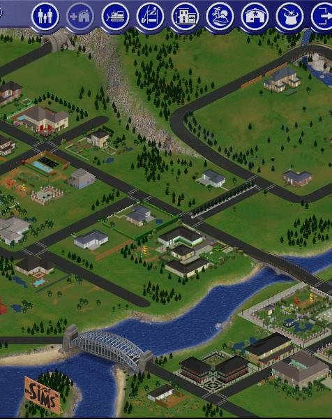 Eine isometrische Übersicht der Nachbarschaft in Die Sims 1. Mehrere Häuser, Straßen, Brücken und Landschaftselemente wie Bäume, Flüsse und Berge sind zu sehen. Am unteren Rand befindet sich ein großes "Sims"-Schild, das an Hollywood erinnert. Die Benutzeroberfläche oben zeigt verschiedene Steuerungssymbole für Haushalt, Bau- und Kaufmodus sowie andere Optionen.